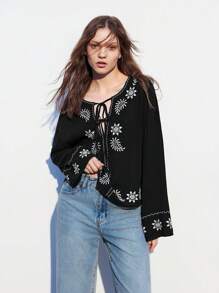 Maija 女式花卉印花宽领长袖衬衫（配腰带）春夏季