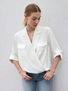 BizChic Women's Casual White V-Neck Rolled Sleeve Loose Fit Summer Blouse - White - View 5
