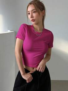 DAZY Của phụ nữ Mùa hè Màu thuần Vòng cổ Ngắn tay Giải trí Áo thun - Màu Hồng Tươi - Xem 4