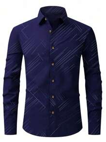 Manfinity Mode 男士条纹长袖衬衫、男士正装衬衫、男士设计师衬衫、男士时尚衬衫 - 藏蓝色 - 查看 3