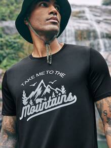 SHEIN In My Nature Maglietta A Maniche Corte Da Uomo Con Stampa Di Slogan Di Montagna Per Attività Outdoor - nero - Visualizzare 2