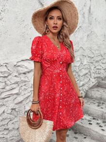 Breezaya 女性度假風格全印花短泡泡袖連衣裙,配有鈕扣裝飾