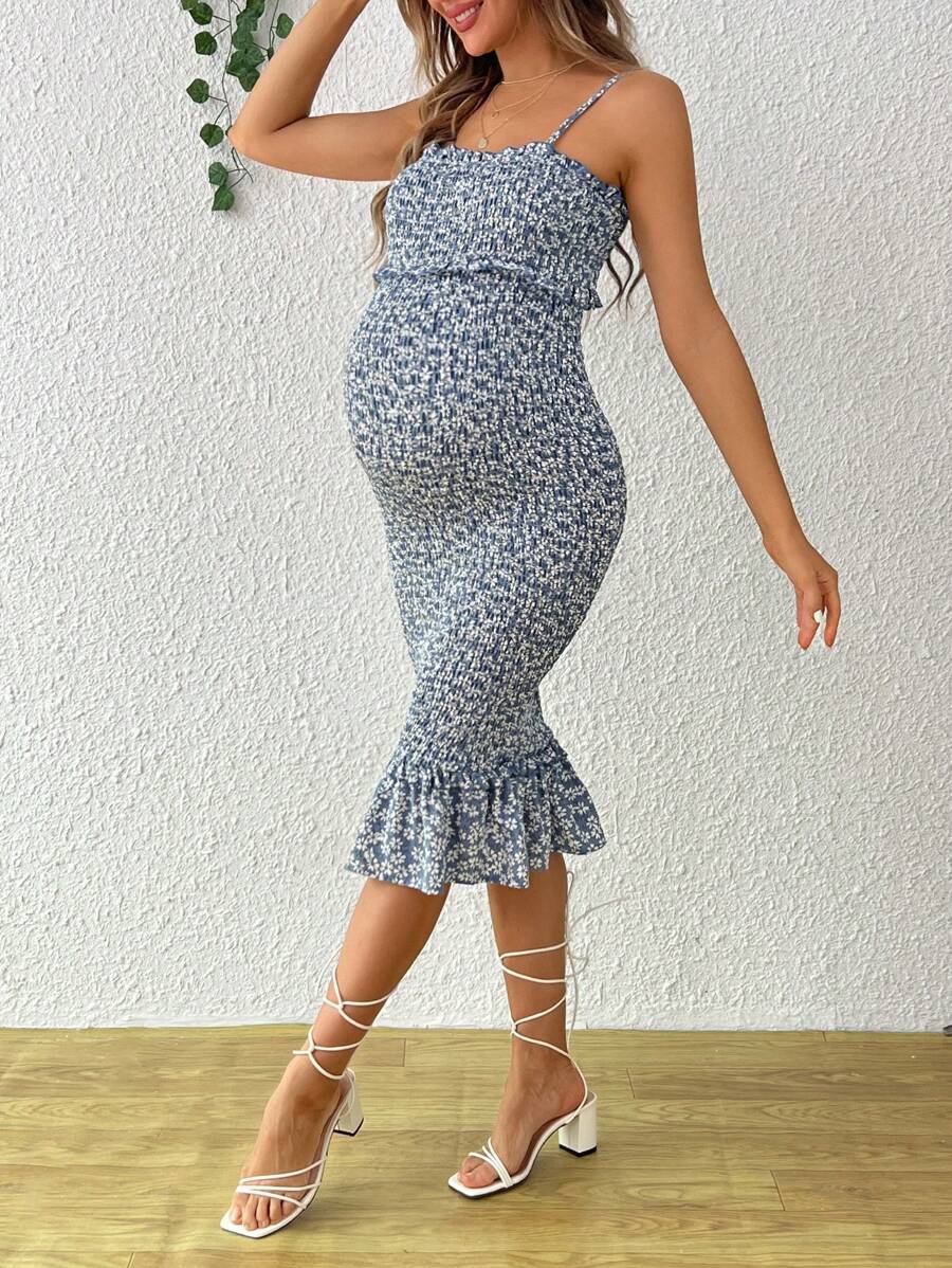 SHEIN Maternity Summer Casual Small Flower Print Ruffled Hem Cami Dress - Blue - View 1
