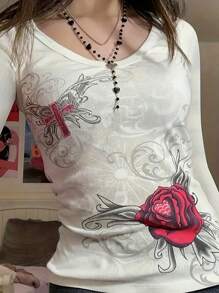 INAWLY 女士十字花卉印花长袖T恤，春秋季女式上衣 - 白色 - 查看 1
