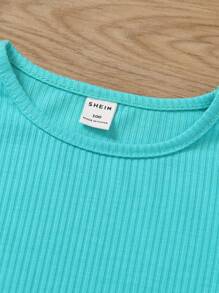 SHEIN 少女夏季休閒條紋短袖上衣和短褲 - 綠色 - 查看 5