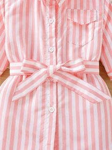 SHEIN Young Girl Striped Print Flap Pocket Belted Shirt - Multicolor - View 5