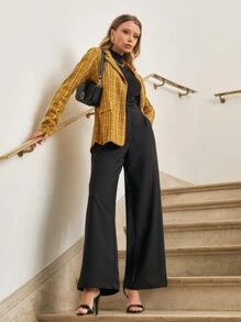 SHE(IN) BRASIL 1pc Plaid Print Lapel Neck Blazer - Yellow - View 3