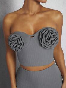 Hauture 3D 玫瑰上衣和裤子细条纹两件套