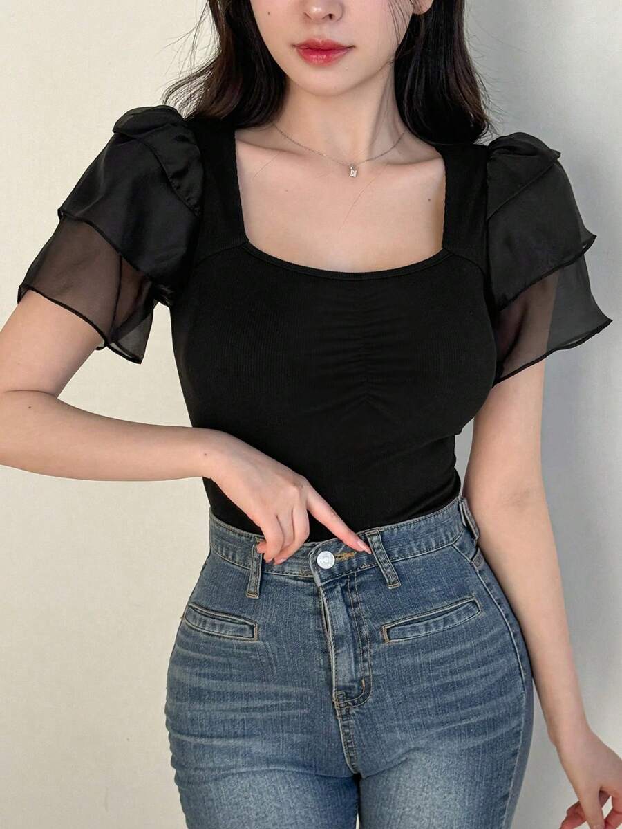 DAZY 女式方领荷叶边短袖T恤、短款上衣