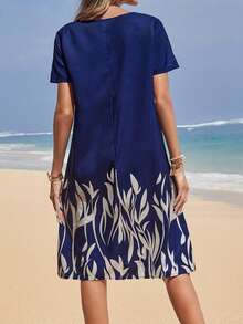 EMERY ROSE Women's Vacation Plant Printed V-Neck Short Sleeve Dress With Notched Collar Blue Dress - Blue - View 2