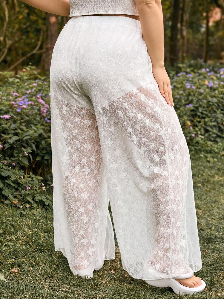 Lace Spliced Polka Dot Sheer Plus Size Wide Leg Pants With Slit For Women