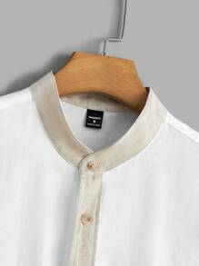 Manfinity Homme Men's Summer Standing Collar Color Block Woven Short Sleeve Shirt - White - View 4