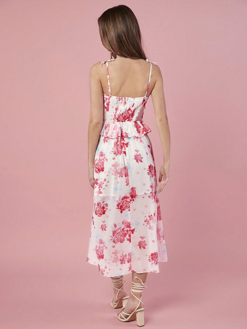 Women's Summer Floral Print 3d Flower Decoration Ruffle Hem Cami White Dress, For Vacation