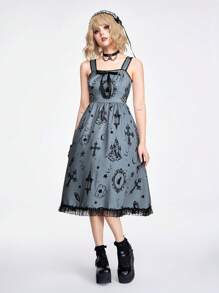 ROMWE Kawaii 女士夏季吊帶連身裙,撲克牌印花和蝴蝶結裝飾 - 黑色 - 查看 4