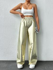 EURMUSE Women's Metallic Elastic Waist Straight Pants - Gold - View 5