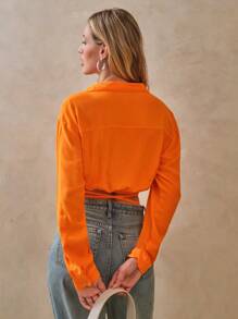 Shein Camisa Feminina Viscose Manga Longa Cropped - Coral - Visão 2