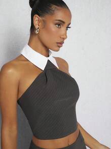 Hauture 细条纹撞色领口露背短款上衣