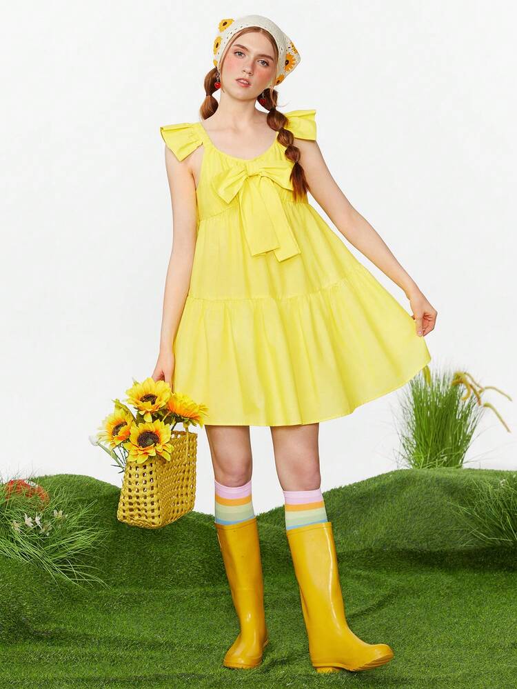 Women's Summer Short Yellow Dress With Bow