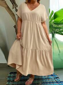 SHEIN Clasi Plus Size Women's Summer V-Neck Short Sleeve Ruffled Hem Long Dress - Apricot - View 3
