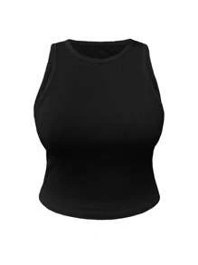 SHEIN Kích thước lớn Màu thuần Gân đan Áo ba lỗ - màu đen - Xem 4