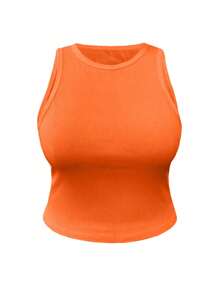 INAWLY Plus Size Women's Summer Solid Color Tight-Fit Round Neck Tank Top - Orange - View 4