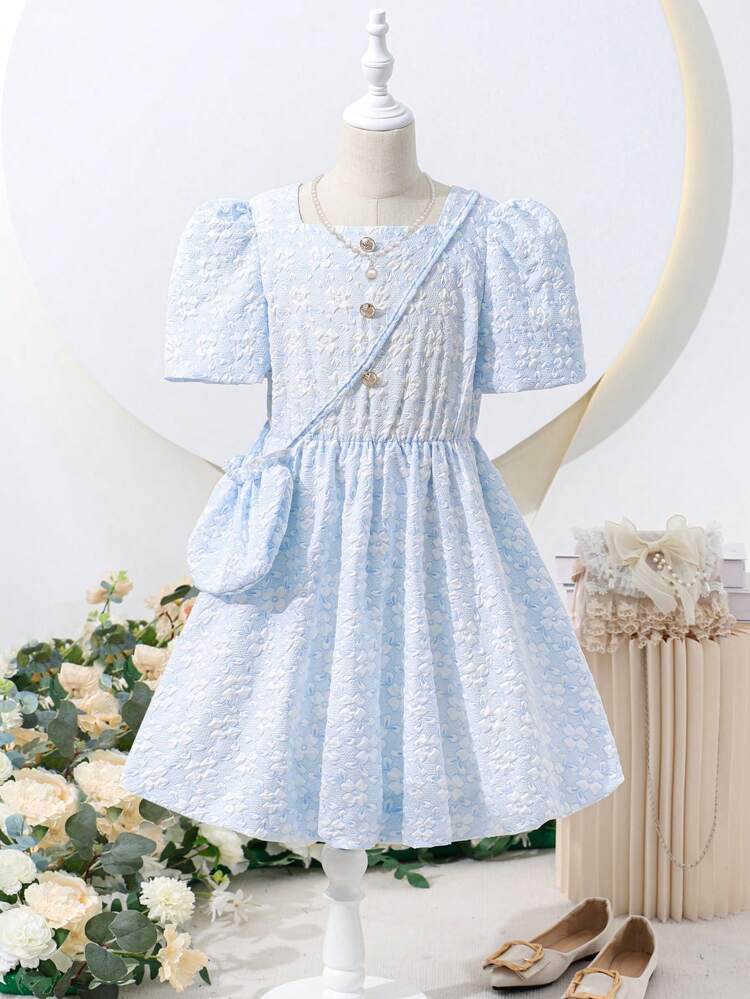 Tween Girl's Summer Casual Jacquard Elegant Ladylike Button Detail Dress
