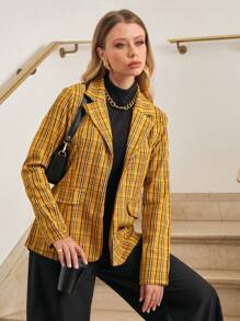 SHE(IN) BRASIL 1pc Plaid Print Lapel Neck Blazer - Yellow - View 4