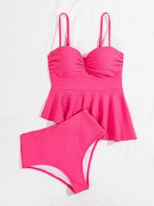 SHEIN Swim 夏季海灘女士純色紋理背心和三角褲泳裝套裝 - 粉色 - 查看 4