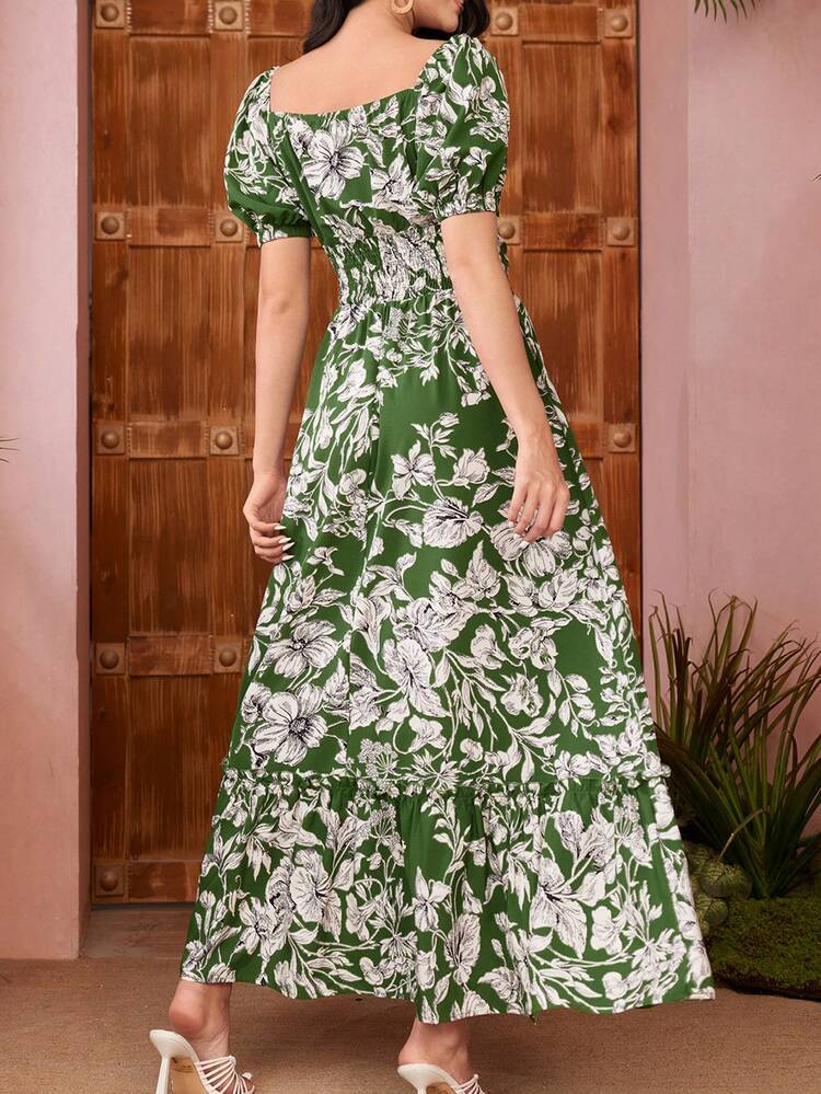 Women's Short Puff Sleeve Arabic Floral Printed Sweetheart Neckline Dress