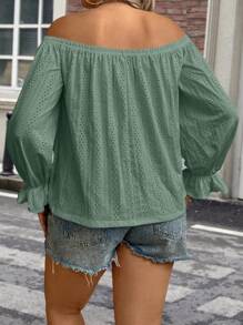 SHEIN Clasi Plus Size Kỳ nghỉ Màu trơn Áo thun thêu lệch vai - màu xanh lá - Xem 2