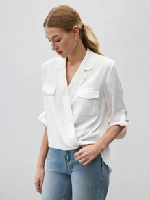 BizChic Women's Casual White V-Neck Rolled Sleeve Loose Fit Summer Blouse - White - View 3