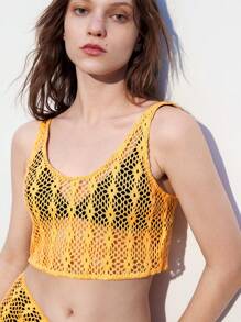 Maija Bộ đồ hai mảnh dệt kim khoét rỗng đơn giản cho nữ đi nghỉ - Màu vàng - Xem 5
