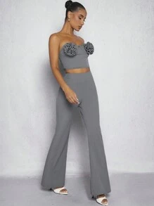 Hauture 3D 玫瑰上衣和裤子细条纹两件套