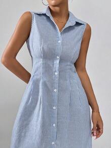 SHEIN Essnce 女式夏季休閒無袖鈕扣前衫裙 - 藍白色 - 查看 3