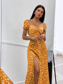 GENKIRA Váy ngắn tay xẻ cao in hoa bong bóng cho nữ - trái cam - Xem 5