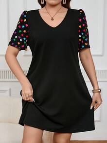 SHEIN LUNE Kích thước lớn Của phụ nữ Ngắn tay Tim In Đầm - màu đen - Xem 6