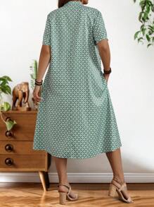 EMERY ROSE 大尺碼女士夏季綠色幾何圖案短袖鈕扣裝飾連衣裙 - 綠色 - 查看 2