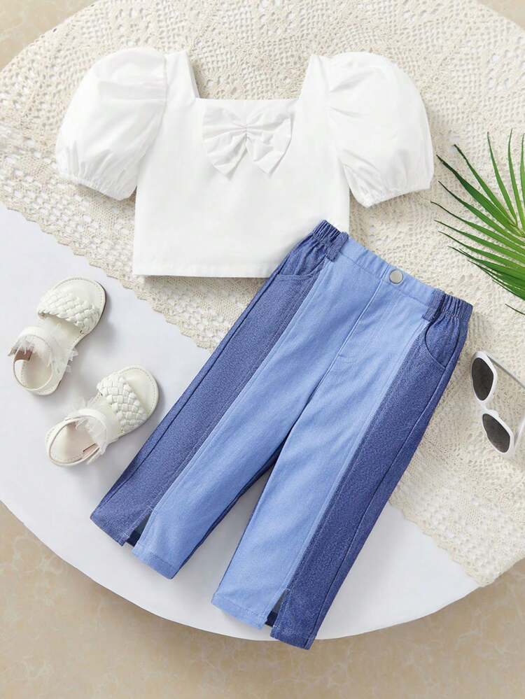 Baby Girl Casual Summer White Princess Sleeve Top And Color-Block Long Pants Set