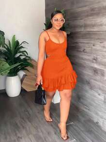 SHEIN Kích thước lớn Mùa hè Màu thuần Rỗng ra eo Xù Hoa Sen Dây đeo Mì Ý  Đầm - trái cam - Xem 1