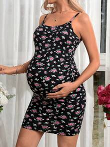 SHEIN Lãng mạn Ngày lễ Thai sản Dây đeo Mì Ý  Quần bó Ngắn Đầm In In hoa - màu đen - Xem 3