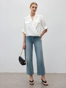 BizChic Women's Casual White V-Neck Rolled Sleeve Loose Fit Summer Blouse - White - View 9