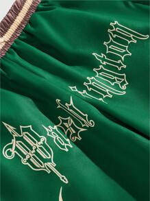 ROMWE MEN Street Life 男士抽绳撞色火焰印花短裤，夏季，校园 - 綠色 - 查看 4