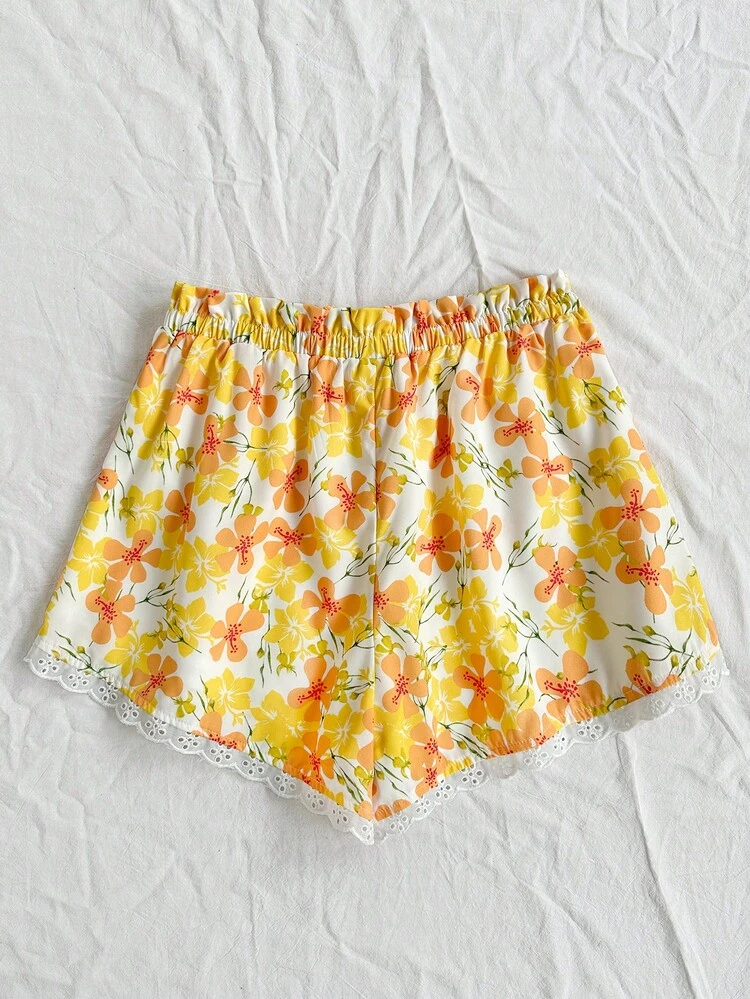 Women's Lace Splicing Flower Printed Shorts