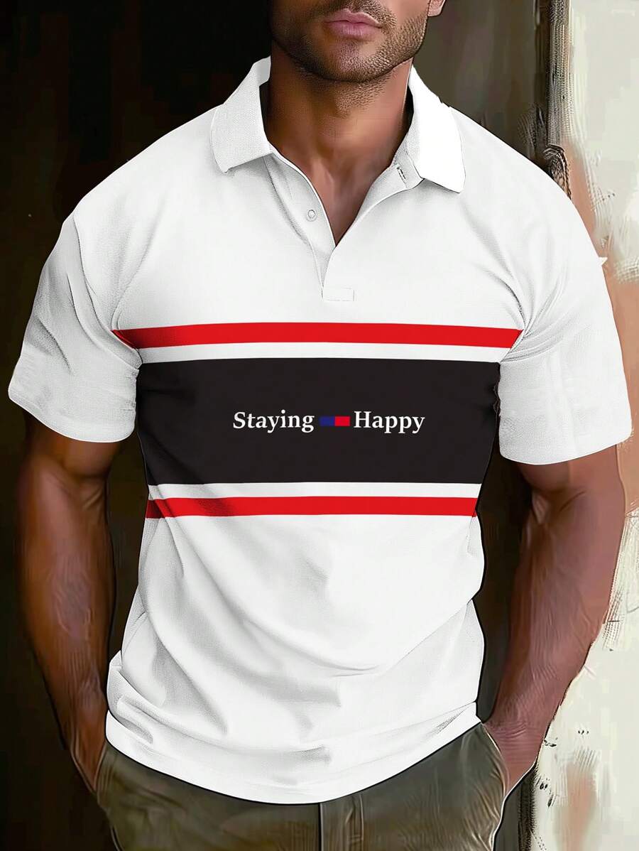 Manfinity Homme Men's Letter Print Color Block Polo Shirt - White - View 1