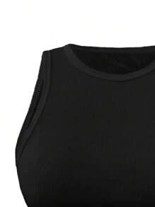 SHEIN Kích thước lớn Màu thuần Gân đan Áo ba lỗ - màu đen - Xem 5