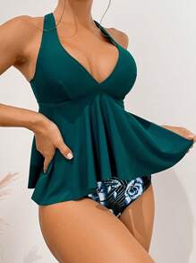SHEIN Swim Damen Zweiteiler Badeanzug mit Rüschenkante und gekreuztem Rückendesign, perfekt für Urlaub im Sommer - Verschiedenfarbig - Übersicht 3