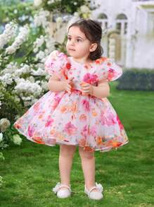 SHEIN Baby Girl Vacation Princess Sleeves Flower & Organza Printed Fluffy Dress - White - View 1