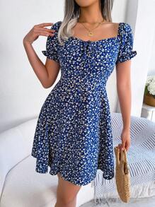 Spring & Summer Casual Ditsy Floral Ruffle Hem Drawstring Waist Dress - 藏蓝色 - 查看 6