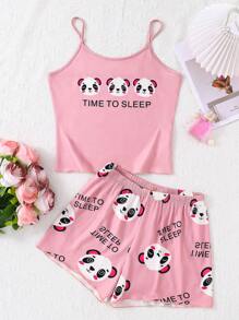 Áo ba lỗ và quần short in chữ hình gấu trúc đáng yêu cho cô gái tuổi teen Mặc nhà 2 cái/bộ cho mùa hè - Hồng - Xem 1