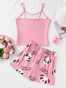 Áo ba lỗ và quần short in chữ hình gấu trúc đáng yêu cho cô gái tuổi teen Mặc nhà 2 cái/bộ cho mùa hè - Hồng - Xem 2